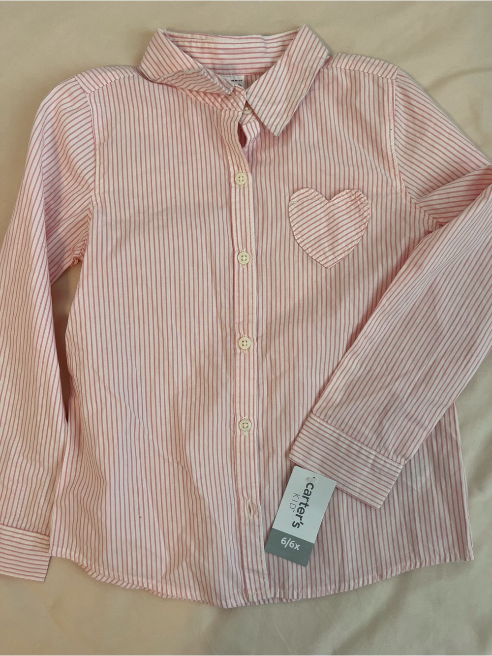 Carter's Light Pink and White Striped Button-Down Shirt with Heart Patch